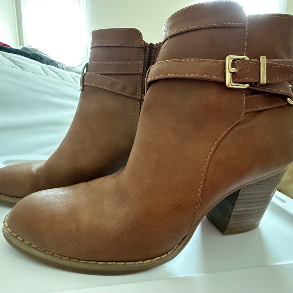 Express Tan Ankle Booties with Buckle Detail